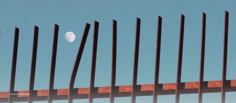Modern fence structure against the sky with the moon visible, symbolizing limited liquidity and creative access points.