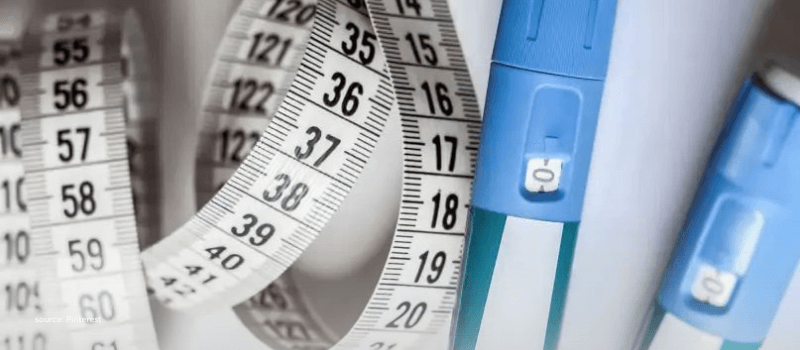 Measuring tape and medical injection pens, illustrating the role of GLP-1 drugs in weight loss and diabetes care.