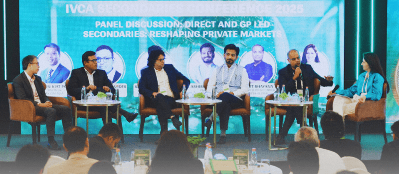Panel at IVCA Secondaries Conference 2025 discussing GP led and LP led deals and continuation vehicles in India.