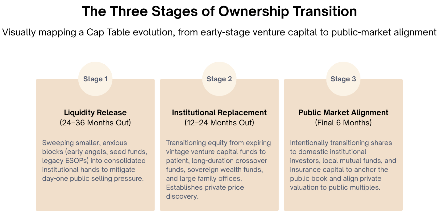 Three stages of pre-listing secondary architecture from liquidity release to public alignment.