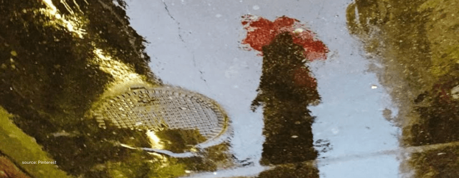 Rain reflection with umbrella silhouette representing monsoon's economic impact