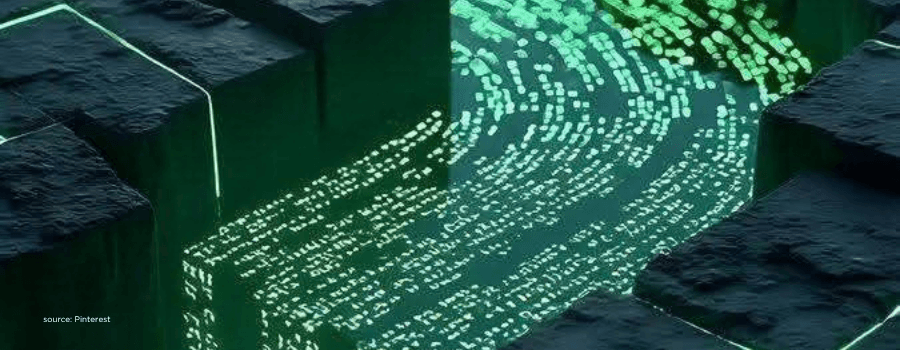 Glowing green data stream between dark blocks, depicting deep tech's longer investment clock